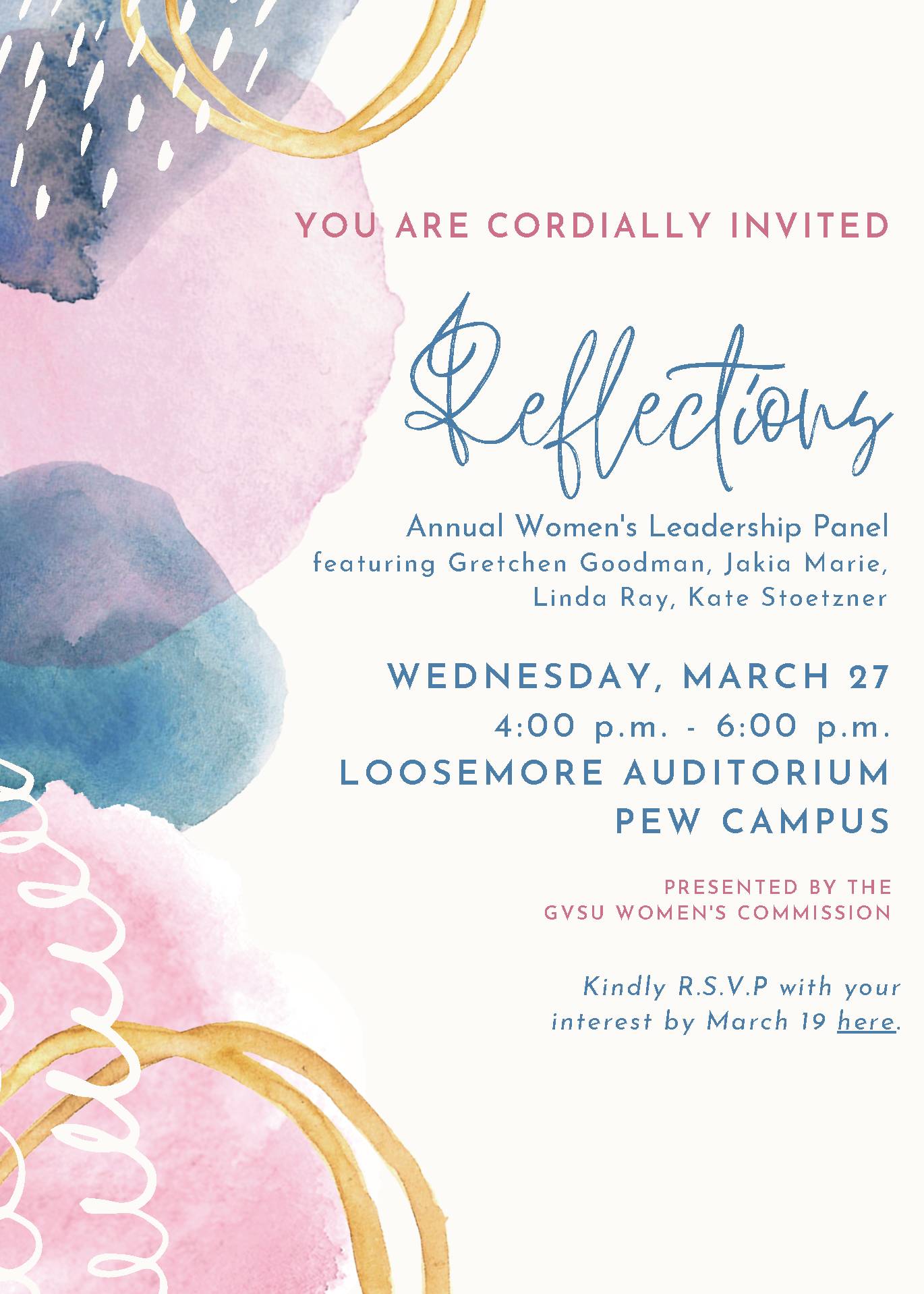 Reflections Annual Women's Leadership Panel Invitation March 27 4p - 6p